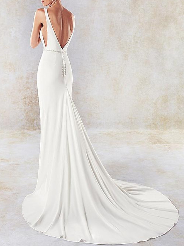 Mermaid V-neck Sleeveless Court Train Bridal Gown With Ribbons 4