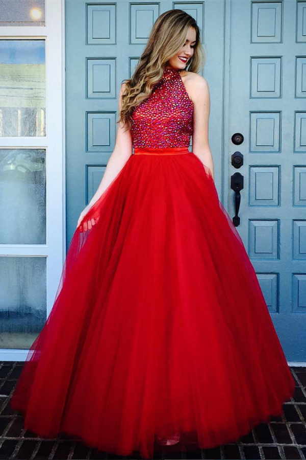 A-line High Neck Sleeveless Floor-length Tulle Evening Dress With Crystal 1