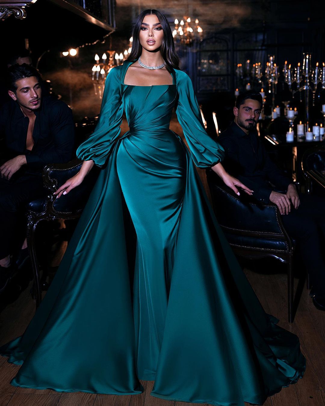 Column Square Neck Long Sleeves Floor-length Satin Evening Gown With Sweep / Brush Train 2