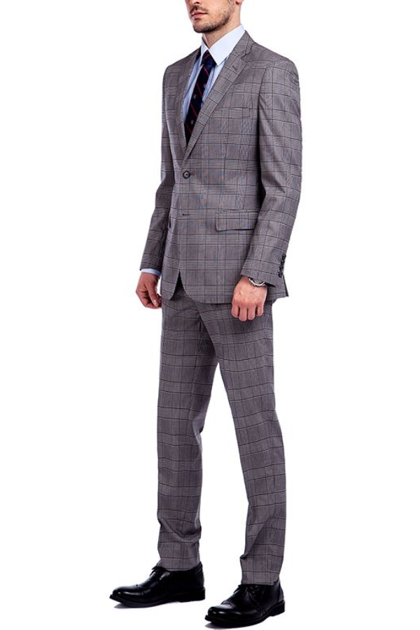 Grey Check Pattern Single Breasted Wool Blend Men's Suit for Business 2