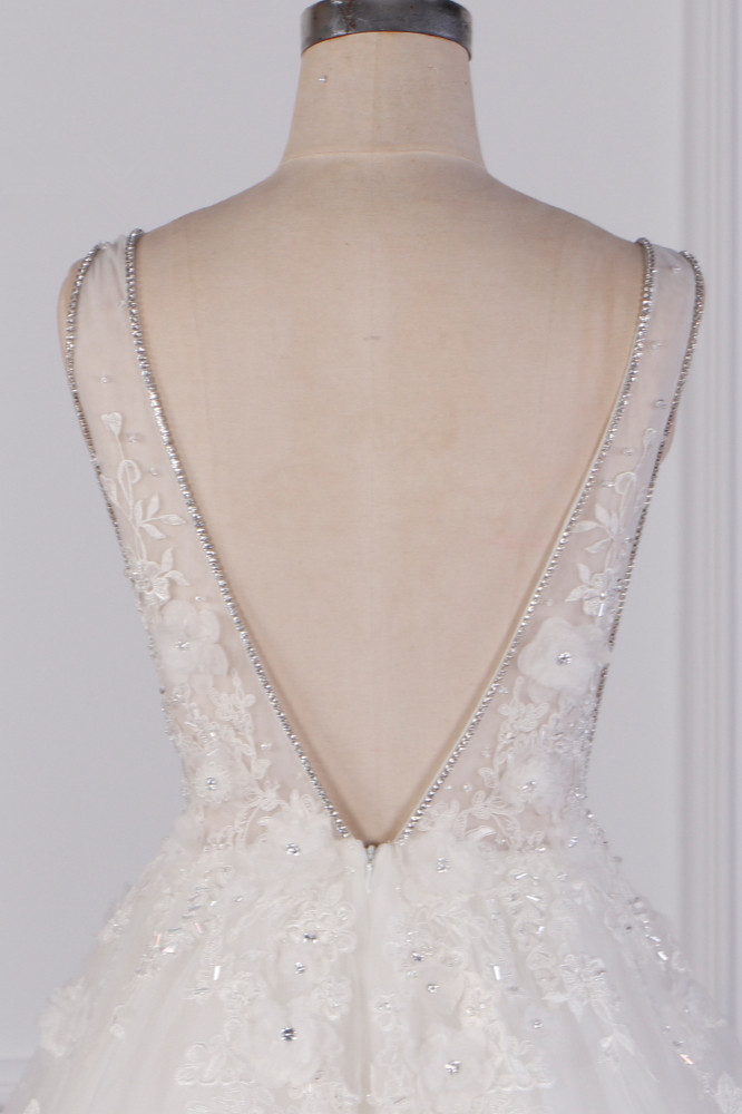 A-line Plunging Neckline Sleeveless Floor-length Tulle Wedding Dress With Lace 6