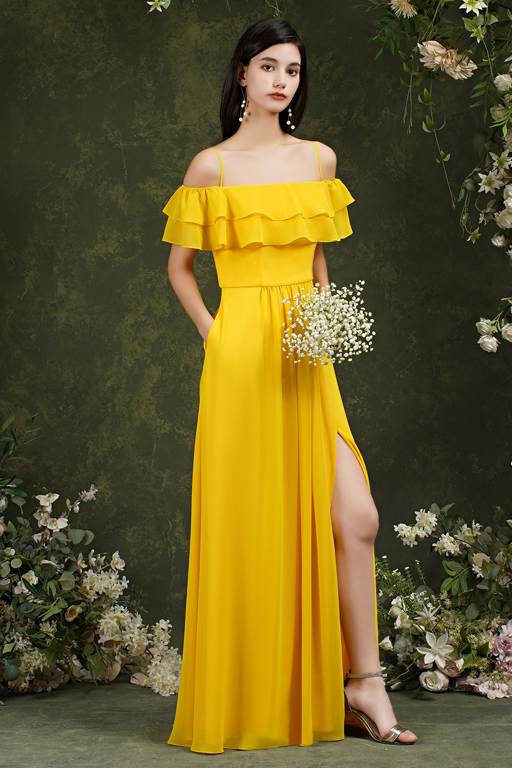 A-line Spaghetti Straps Cap Sleeves Floor-length 100D Chiffon Bridesmaid Dress With Split Front 4