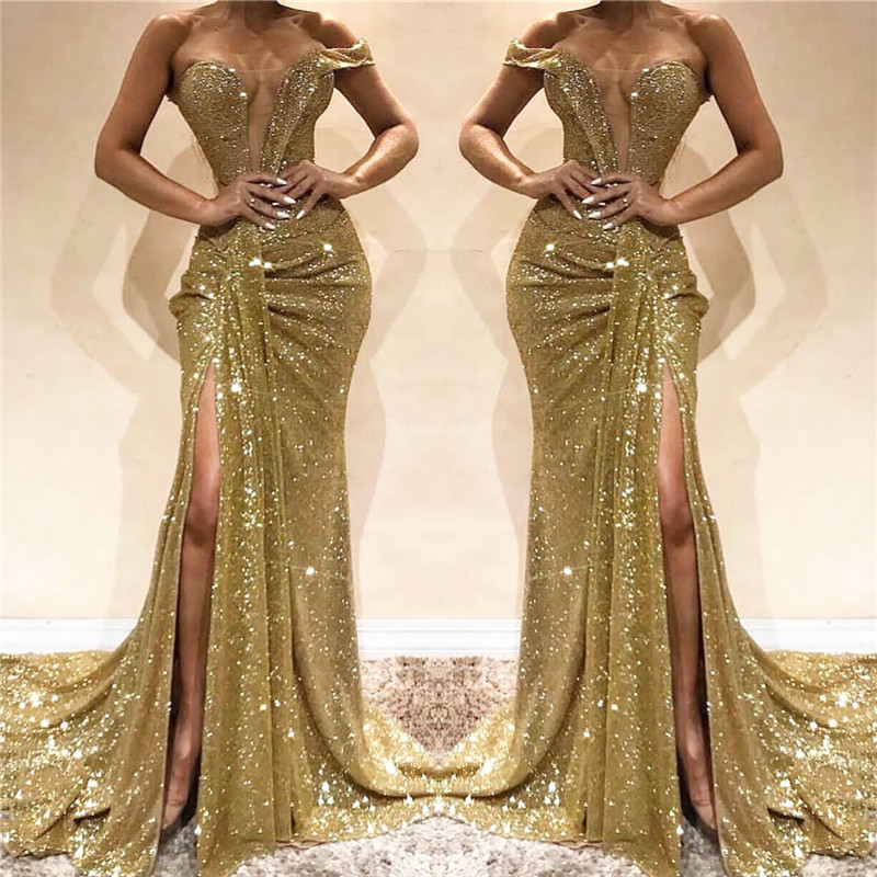 Column One Shoulder Sleeveless Court Train Tulle Evening Dress With Sequins 2