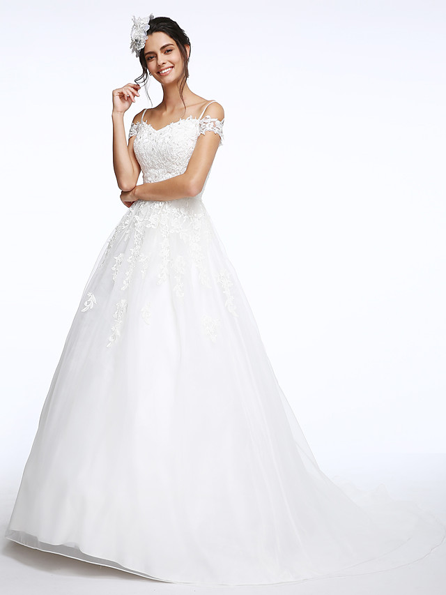 Ball Gown Short Sleeves Court Train Organza Wedding Gown With Lace 5