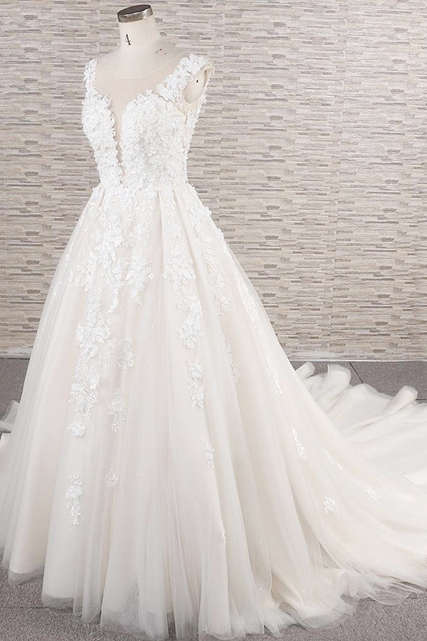 A-line Jewel Neck Sleeveless Chapel Train Tulle Bridal Gown With Appliques 3