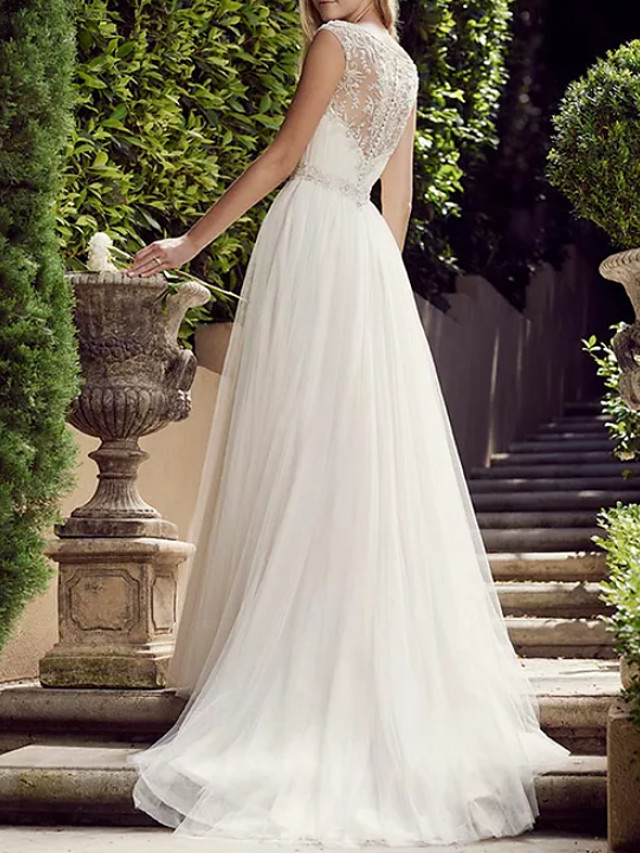 A-line Sleeveless Court Train Tulle Bridal Gown With Buttons 2