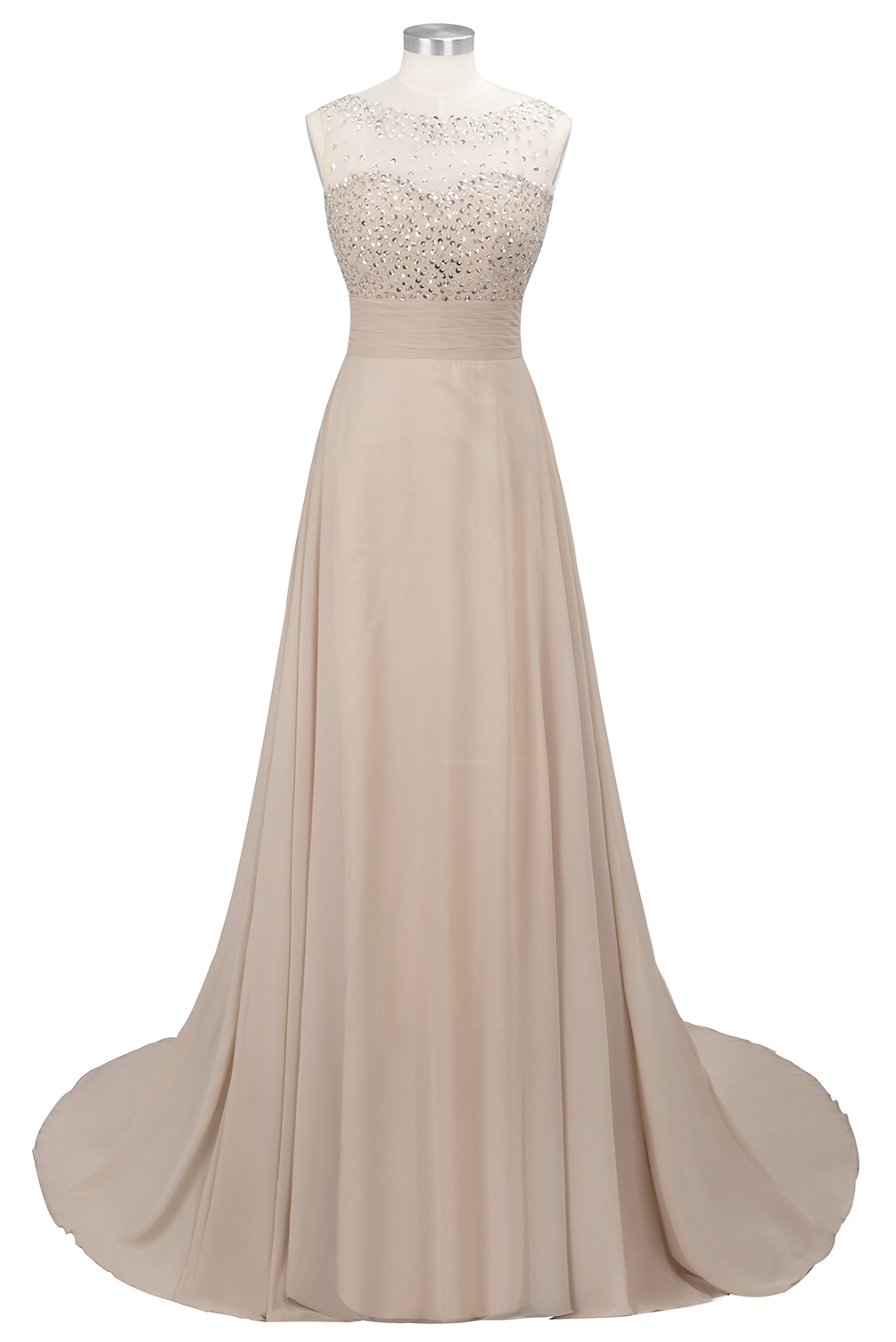 A-line Jewel Neck Sleeveless Court Train 100D Chiffon Evening Dress With Beading 15
