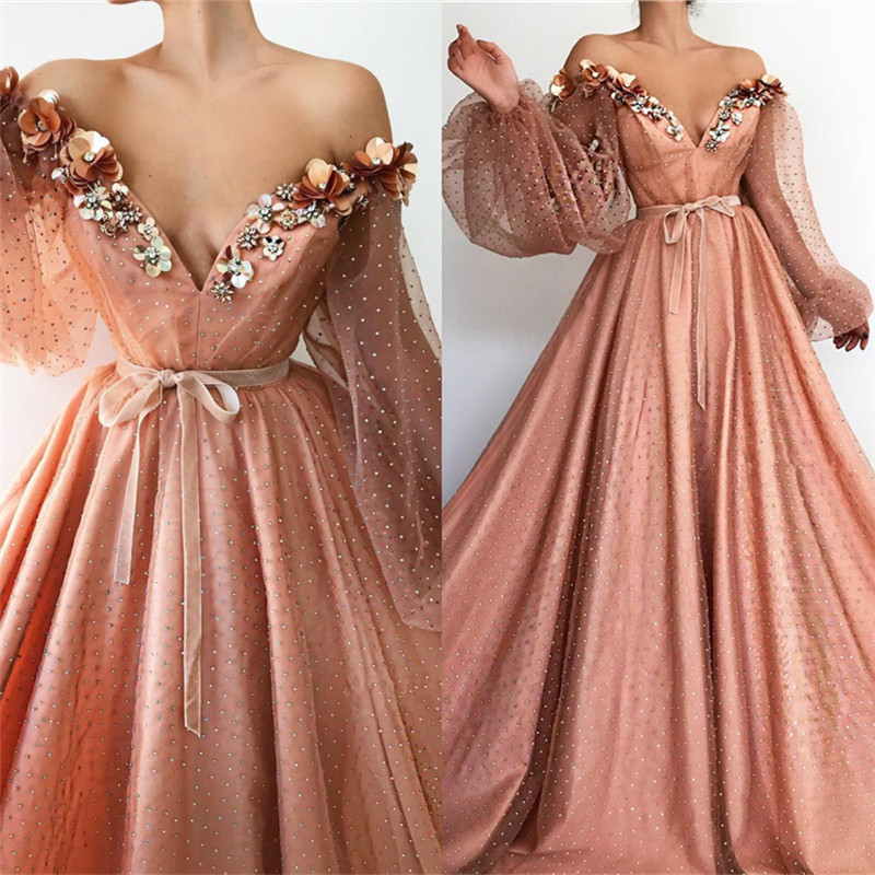 A-line Off-the-shoulder V-neck Long Sleeves Floor-length Tulle Evening Dress With Appliques 3