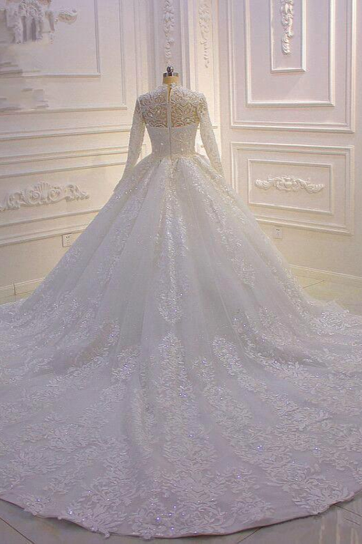 Ball Gown High Neck Long Sleeves Floor-length Tulle Wedding Dress With Beading 2