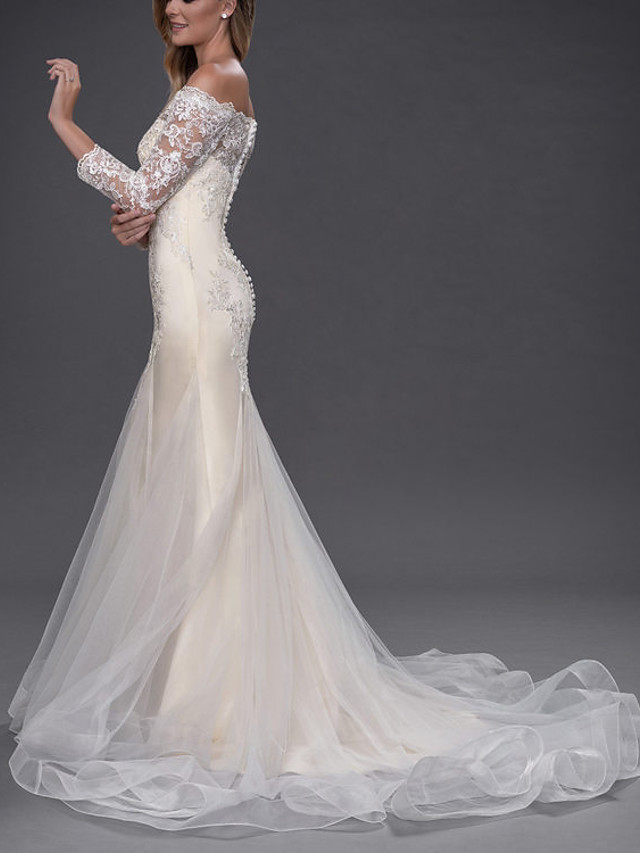 Mermaid Chapel Train Tulle Wedding Dress With Buttons 2