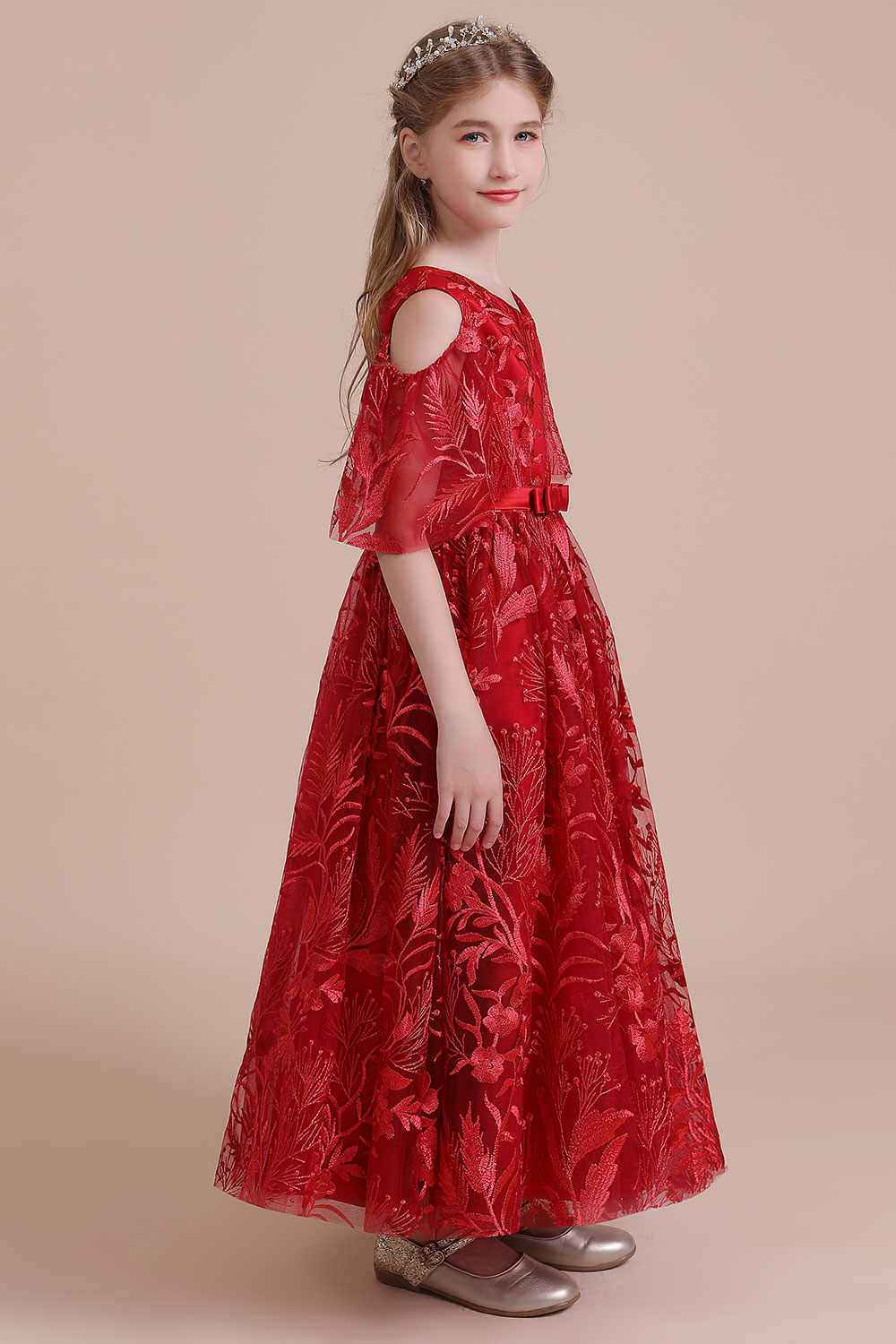 A-line V-neck Half-Sleeves Ankle-length Tulle Flower Girl Dress With Ribbons 7