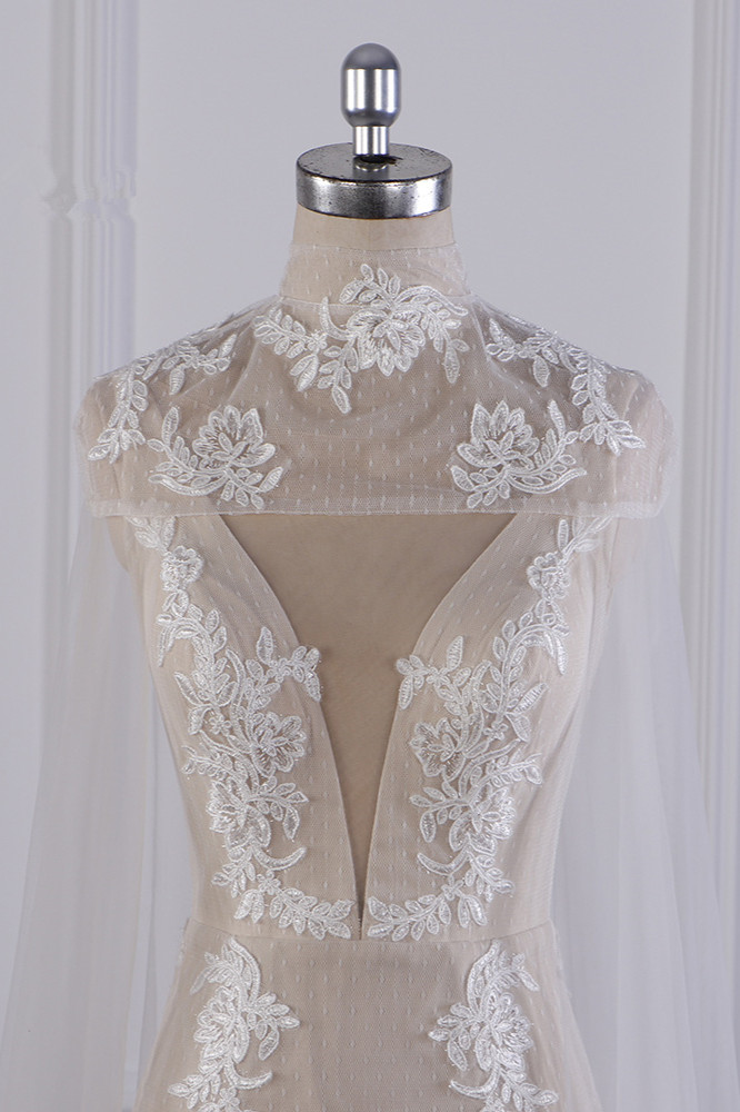 Mermaid High Neck Sleeveless Floor-length Tulle Wedding Dress With Lace 4