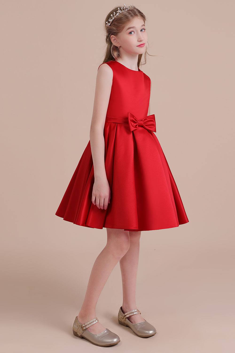 A-line Jewel Neck Sleeveless Knee-length Satin Flower Girl Dress With Bow 3