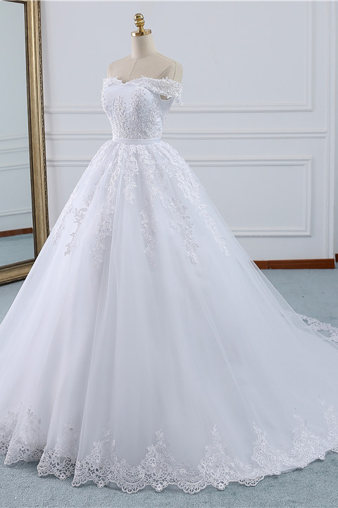 A-line Off-the-shoulder Bateau Neck Floor-length Tulle Wedding Dress With Lace 3