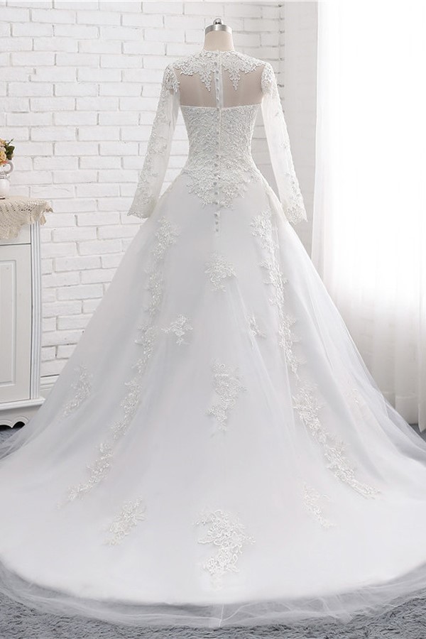 A-line Jewel Neck Long Sleeves Floor-length Tulle Wedding Dress With Lace 2