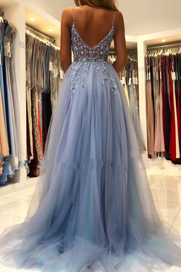 A-line Spaghetti Straps Sleeveless Floor-length Tulle Evening Dress With Ruffles 2
