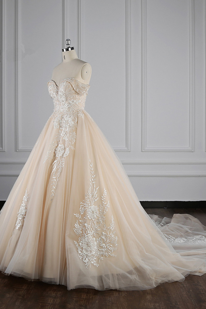 Ball Gown Off-the-shoulder Sweetheart Neck Sleeveless Floor-length Tulle Bridal Dress With Beading 3