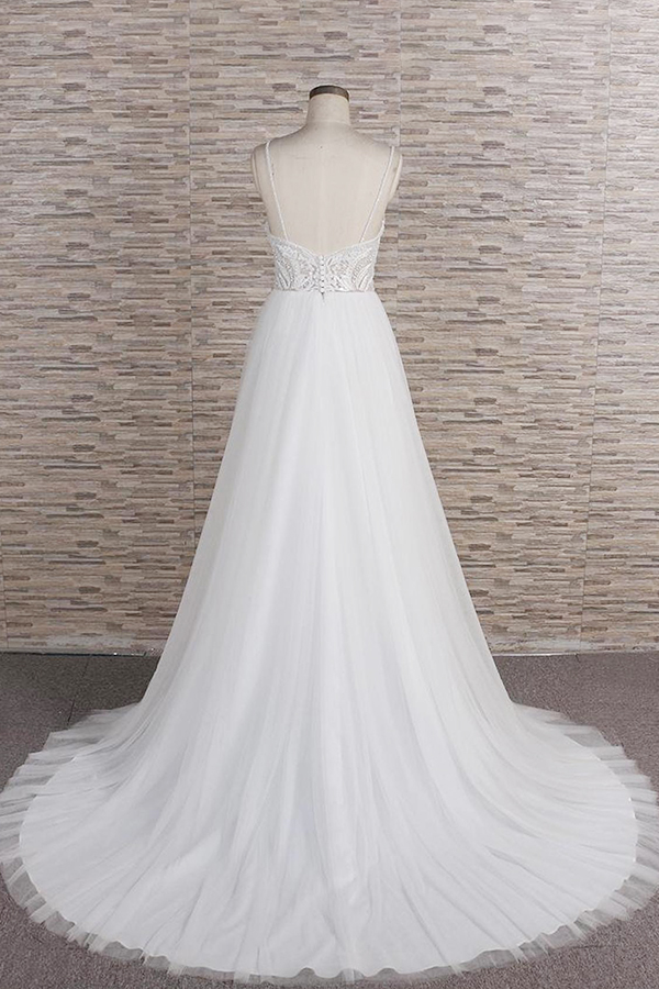 A-line Spaghetti Straps Sleeveless Court Train Tulle Wedding Gown With Beading 2