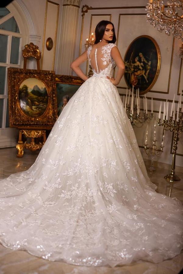 Deep V-Neck Shimmering Ball Gown with Floral Lace Appliques and Cathedral Train 2