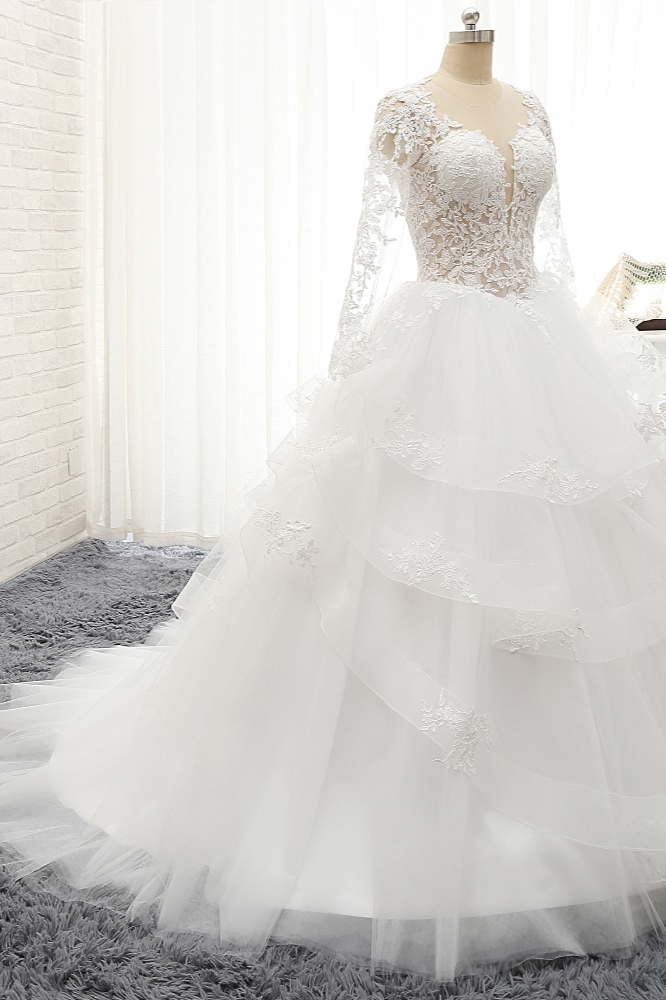 A-line Jewel Neck Long Sleeves Floor-length Tulle Bridal Dress With Appliques 3