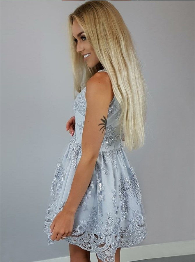 A-line V-neck Sleeveless Mini Party Dress With Lace 2