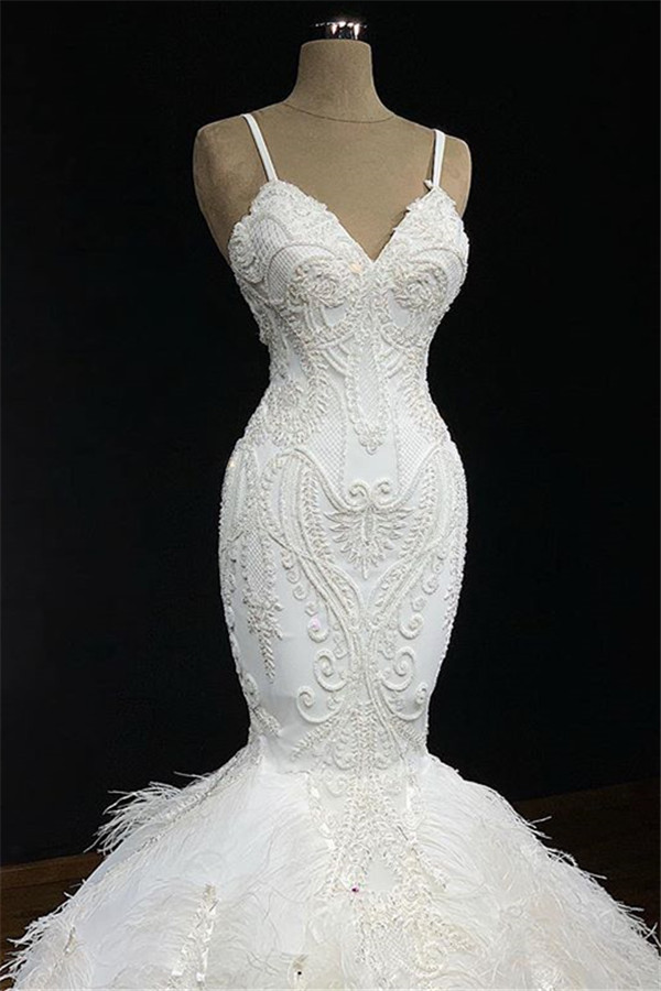 Mermaid Spaghetti Straps Sleeveless Sweep / Brush Train Wedding Gown With Appliques 2