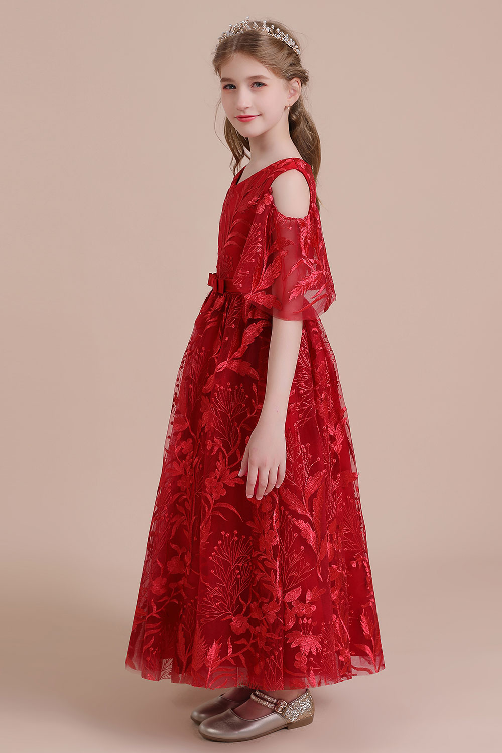 A-line V-neck Half-Sleeves Ankle-length Tulle Flower Girl Dress With Ribbons 4
