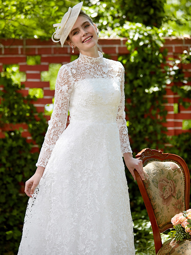 A-line Long Sleeves Court Train Lace Bridal Gown With Lace 9
