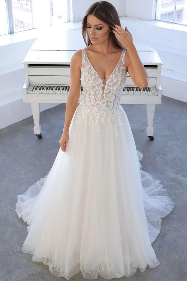 A-line V-neck Sleeveless Chapel Train Tulle Wedding Gown With Appliques 1