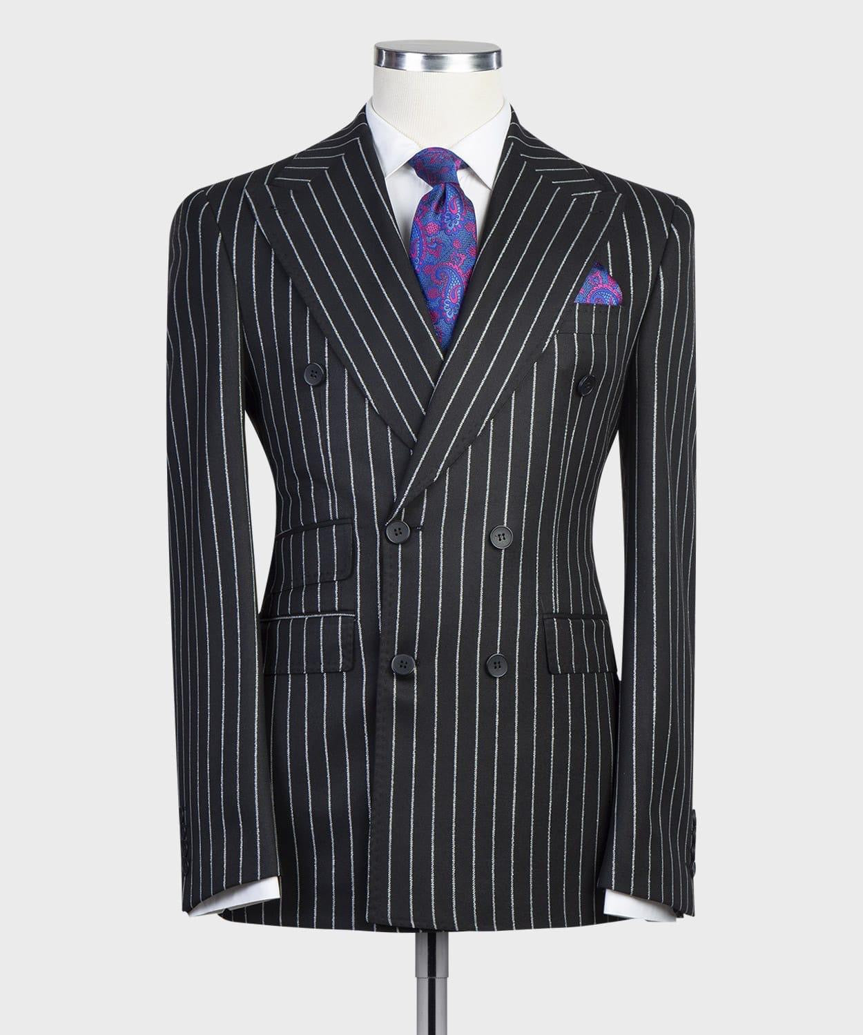 Black Stripe Double Breasted Business Men Suit with Peaked Lapel 4