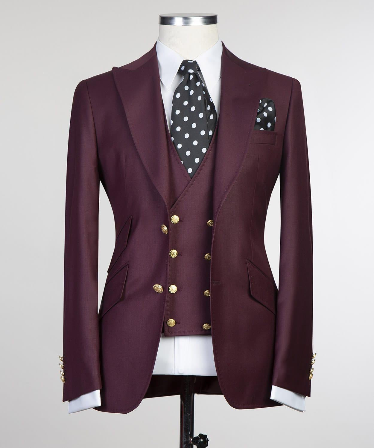 Burgundy Three Pieces Men Suit with Peaked Lapel 4
