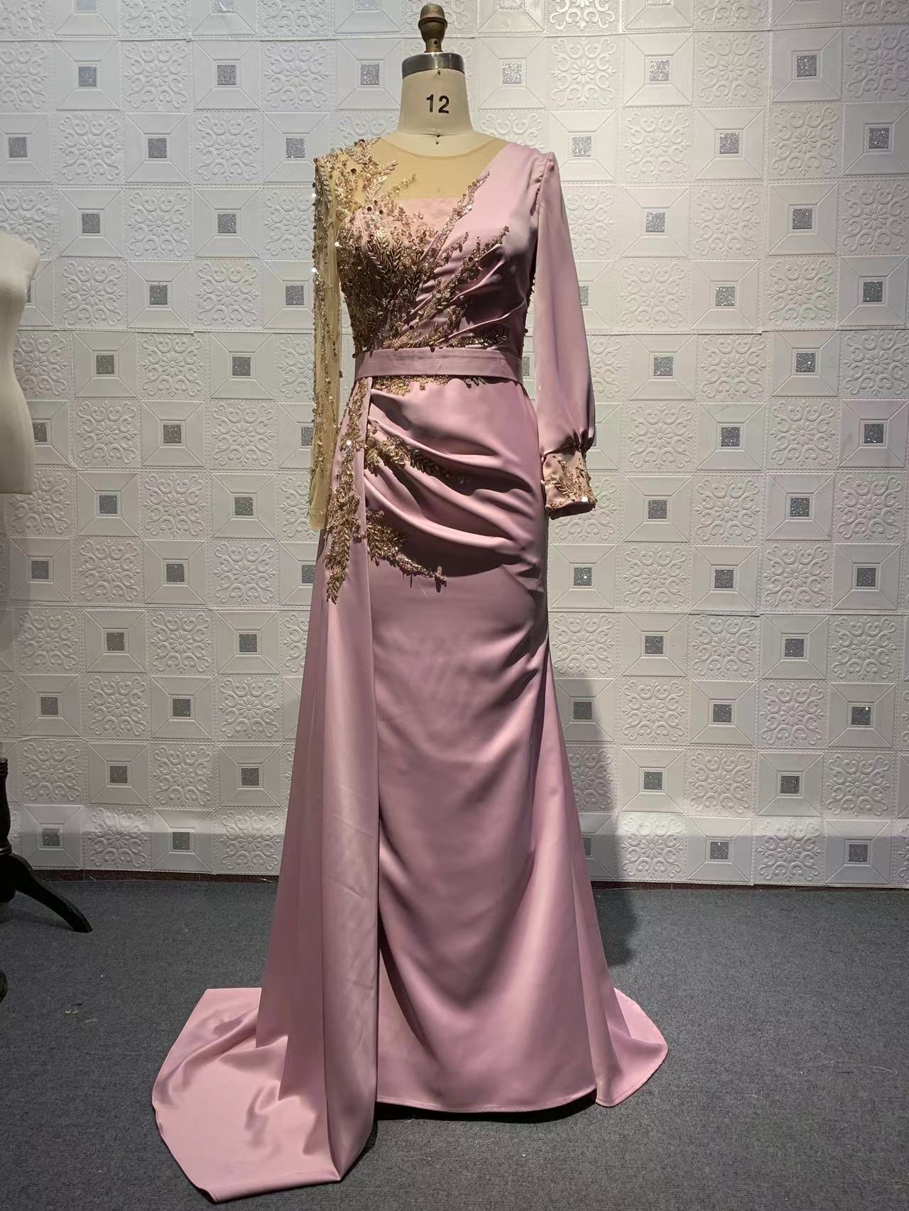 A-line Jewel Neck Long Sleeves Sweep / Brush Train Stretch Satin Evening Dress With Lace 2