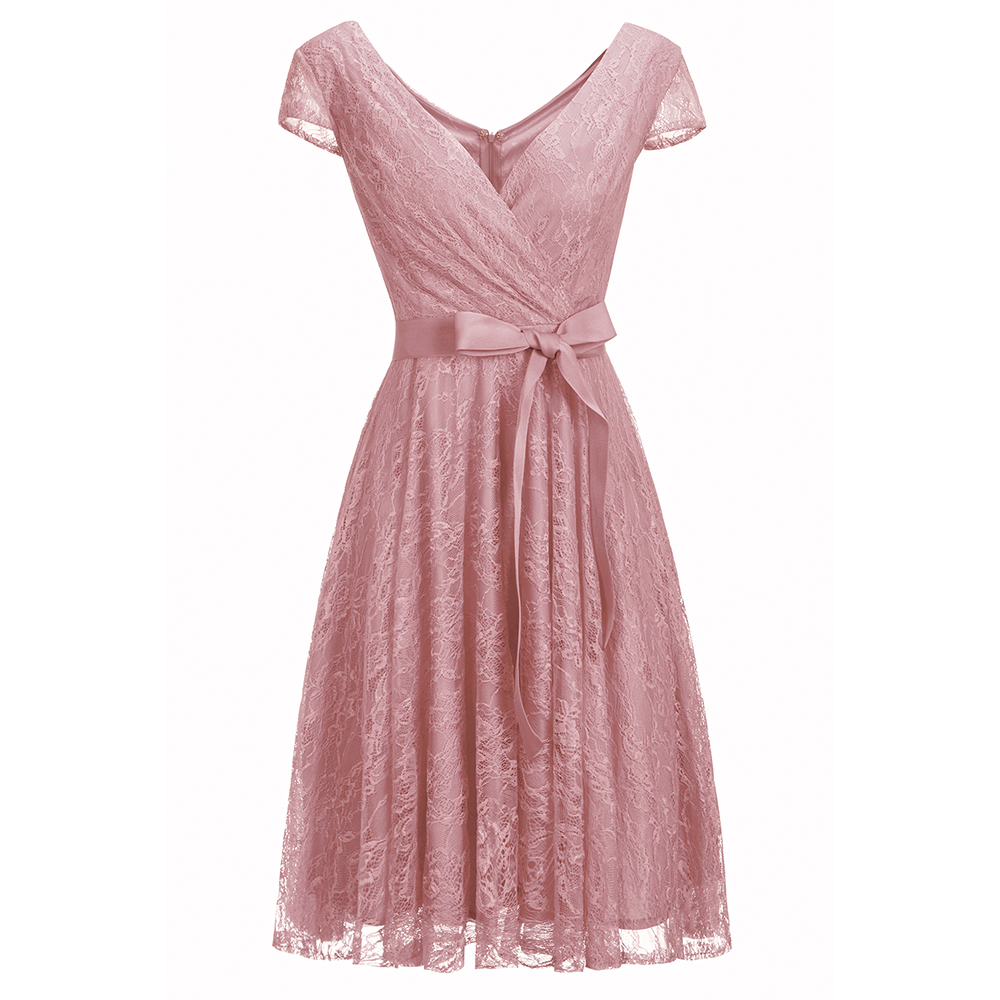 A-line V-neck Short Sleeves Knee-length Lace Bridesmaid Dress With Ribbons 3