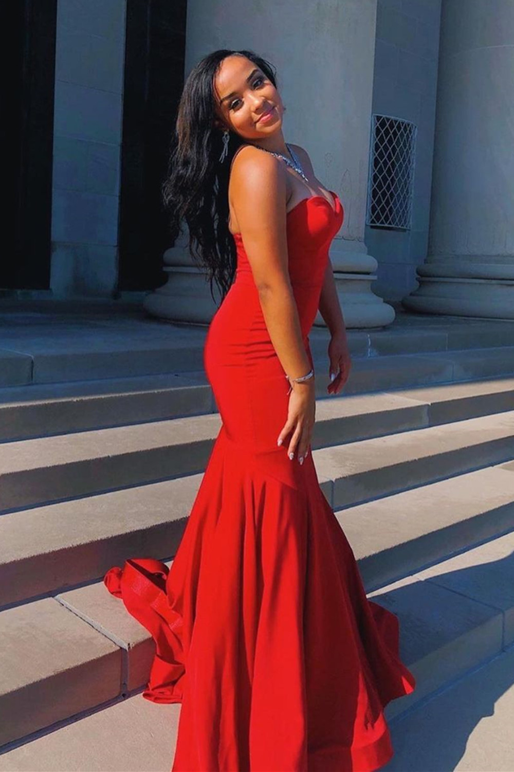Mermaid Sweetheart Neck Jewel Neck Long Sleeves Floor-length Satin Evening Dress With Sweep / Brush Train 2