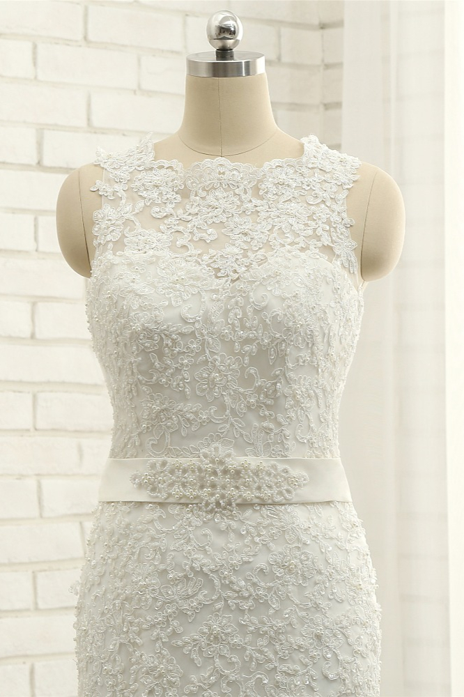 Mermaid Jewel Neck Sleeveless Court Train Wedding Gown With Lace 4