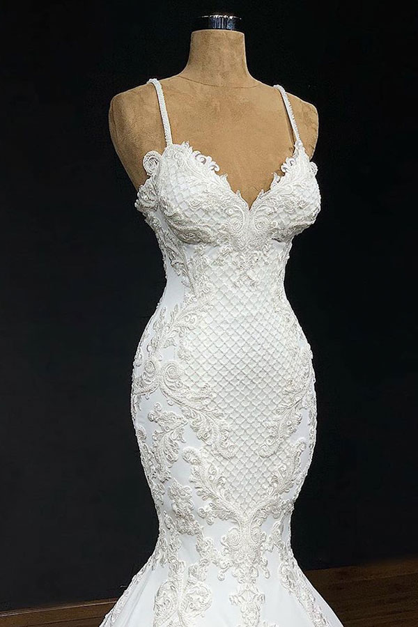 Mermaid Spaghetti Straps Sleeveless Sweep / Brush Train Bridal Attire With Appliques 2