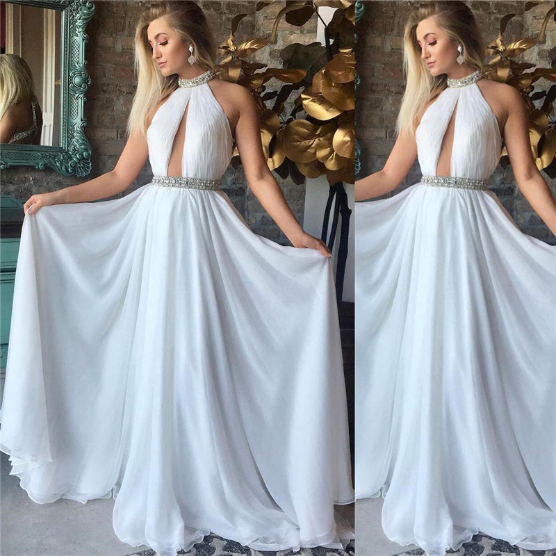 A-line High Neck Sleeveless Sweep / Brush Train 100D Chiffon Evening Dress With Beading 2