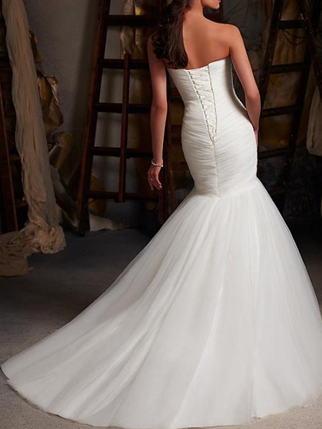 Mermaid Strapless Sleeveless Sweep / Brush Train Tulle Wedding Gown With Lace 3