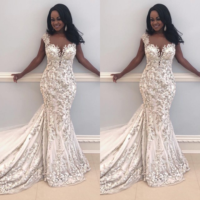 Mermaid Jewel Neck Sweep / Brush Train Wedding Gown With Lace 4