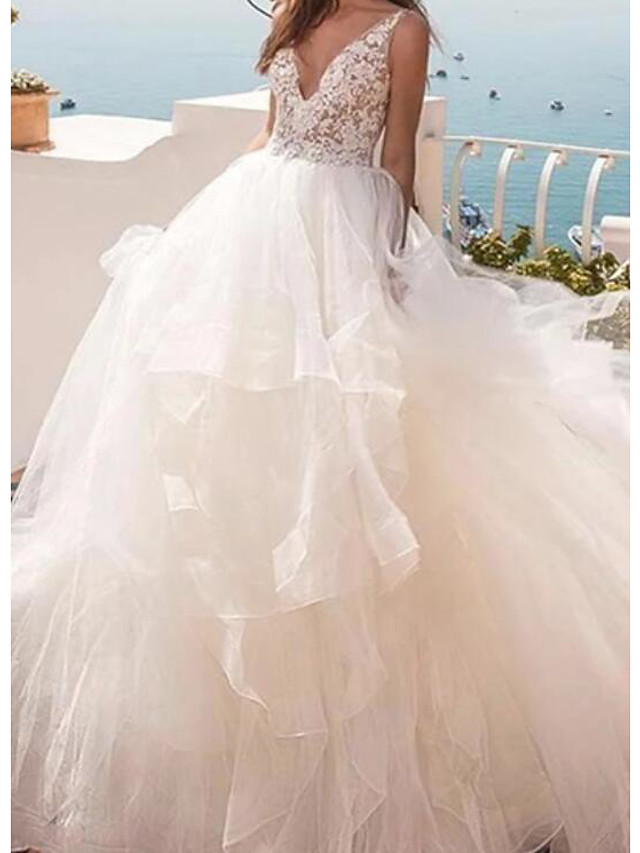 Ball Gown V-neck Sleeveless Sweep / Brush Train Tulle Bridal Dress With Ruffles 3