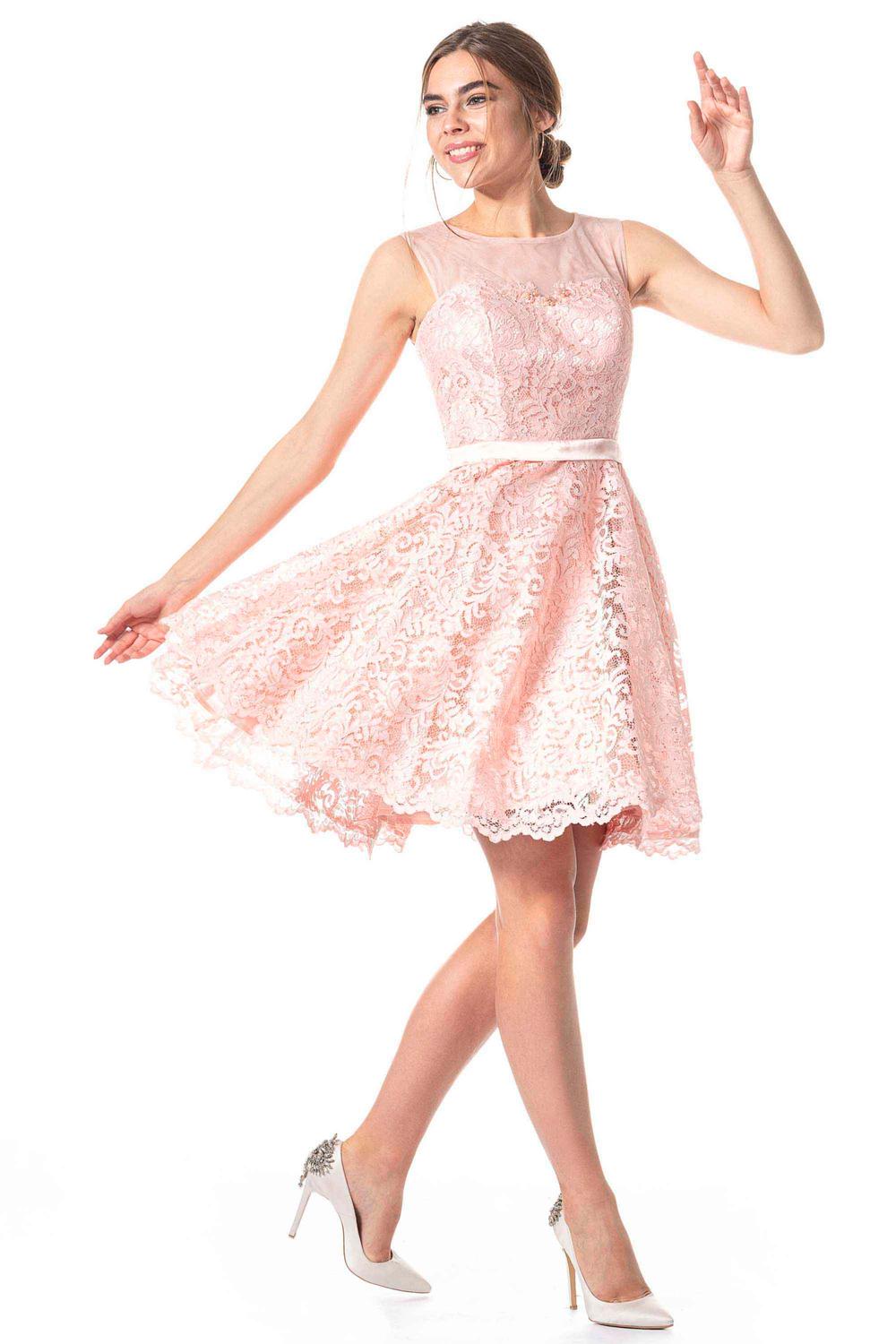 A-line Jewel Neck Sleeveless Knee-length Lace Party Dress With Ribbons 3