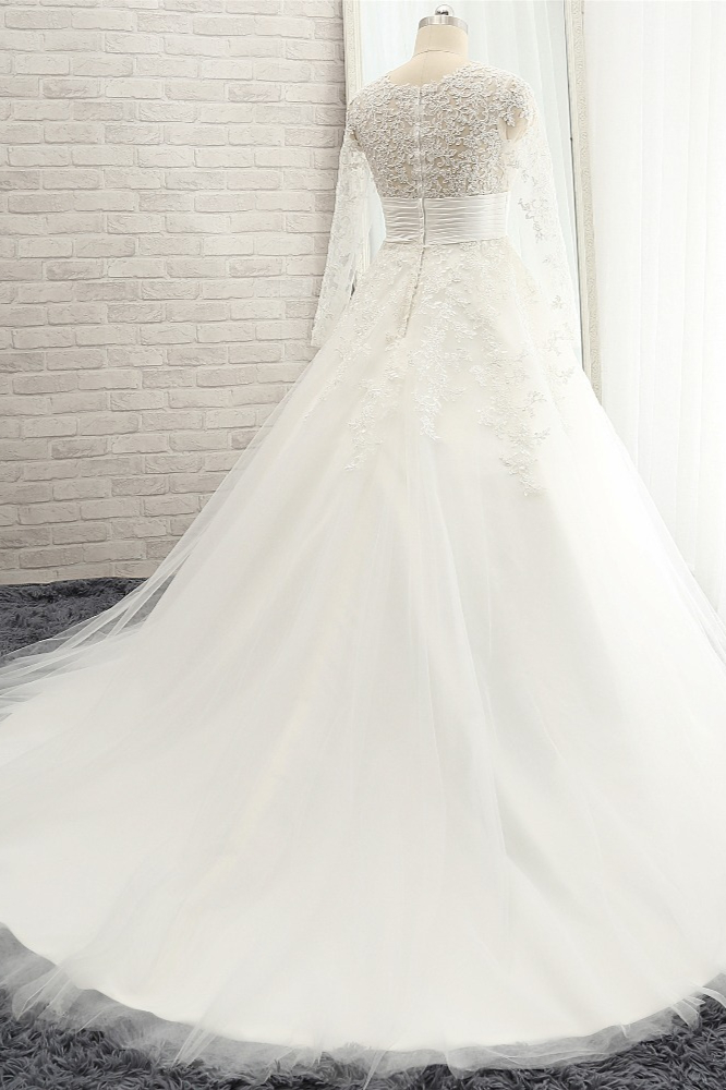 A-line V-neck Long Sleeves Floor-length Tulle Bridal Attire With Lace 2