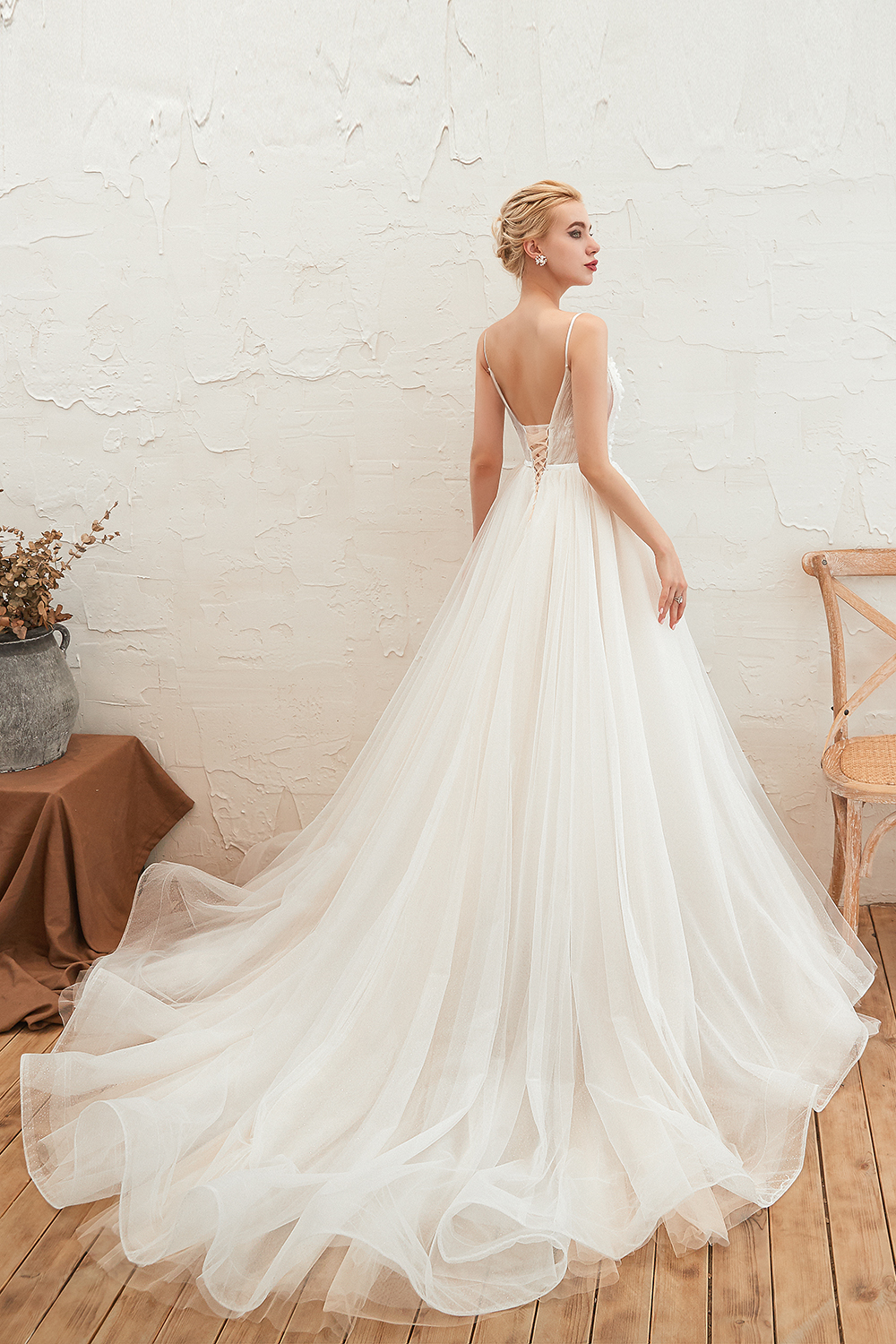 A-line Plunging Neckline Sleeveless Cathedral Train Tulle Wedding Gown With Flower(s) 11