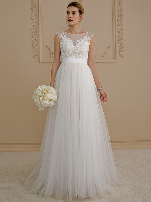 A-line Cap Sleeves Sweep / Brush Train Tulle Bridal Gown With Buttons 2