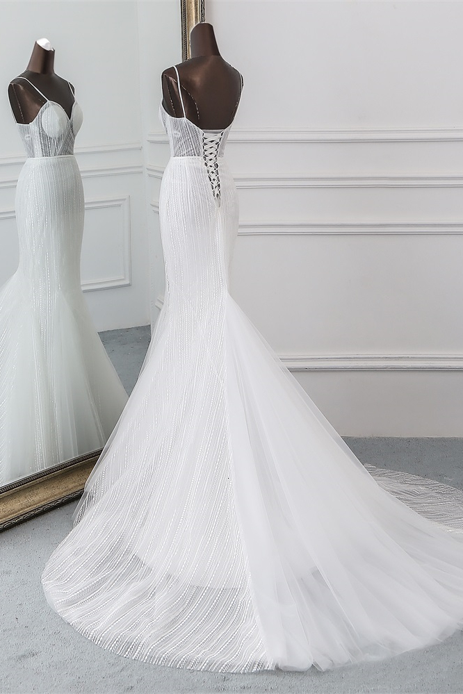 Mermaid Spaghetti Straps V-neck Sleeveless Floor-length Tulle Bridal Dress With Beading 4