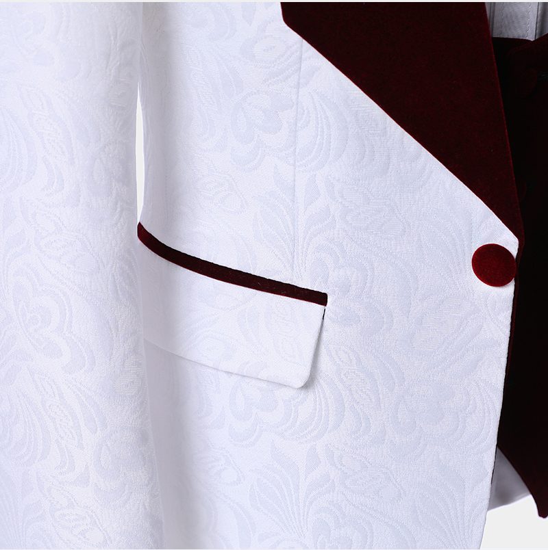 White Jacquard Floral Tuxedo with Burgundy Lapel 5