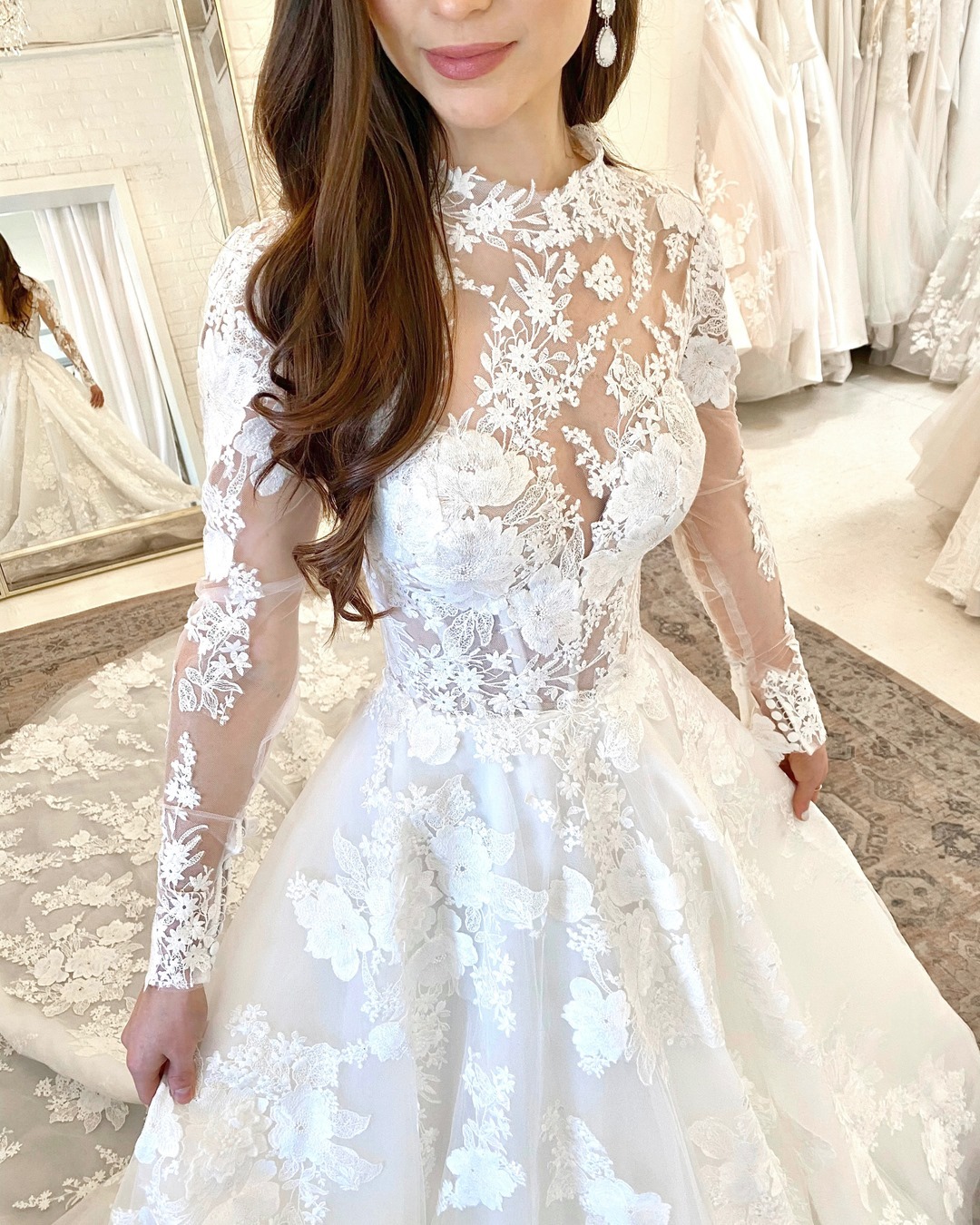 A-line High Neck Long Sleeves Chapel Train Lace Wedding Gown With Beading 4