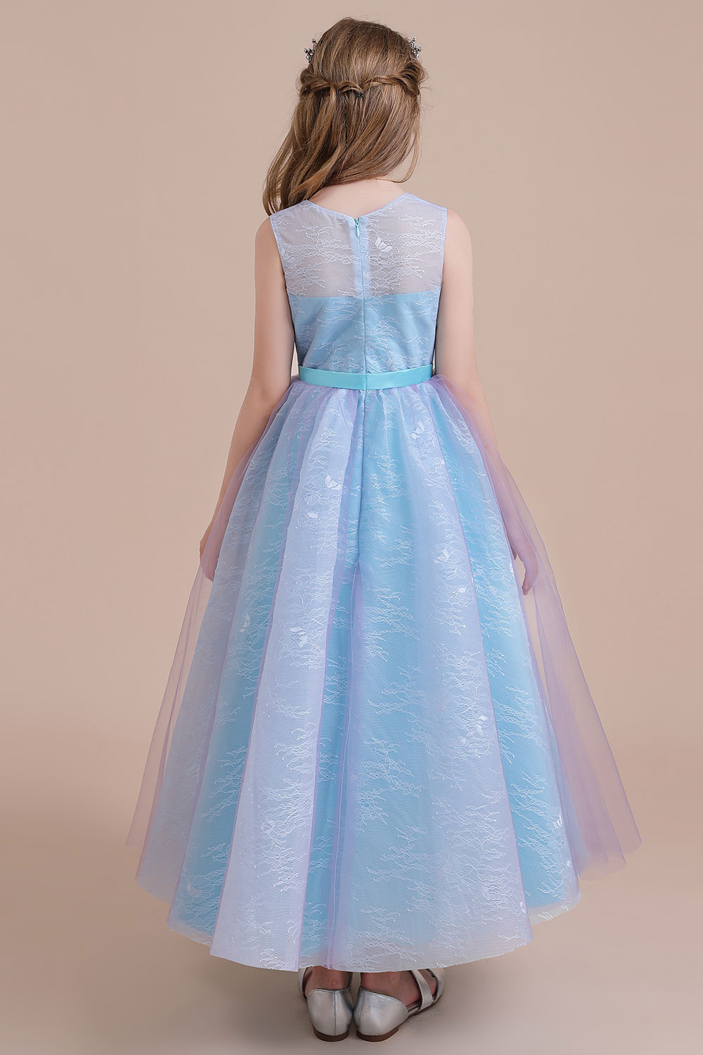 A-line Sweetheart Neck Jewel Neck Sleeveless Ankle-length Tulle Flower Girl Dress With Lace 2