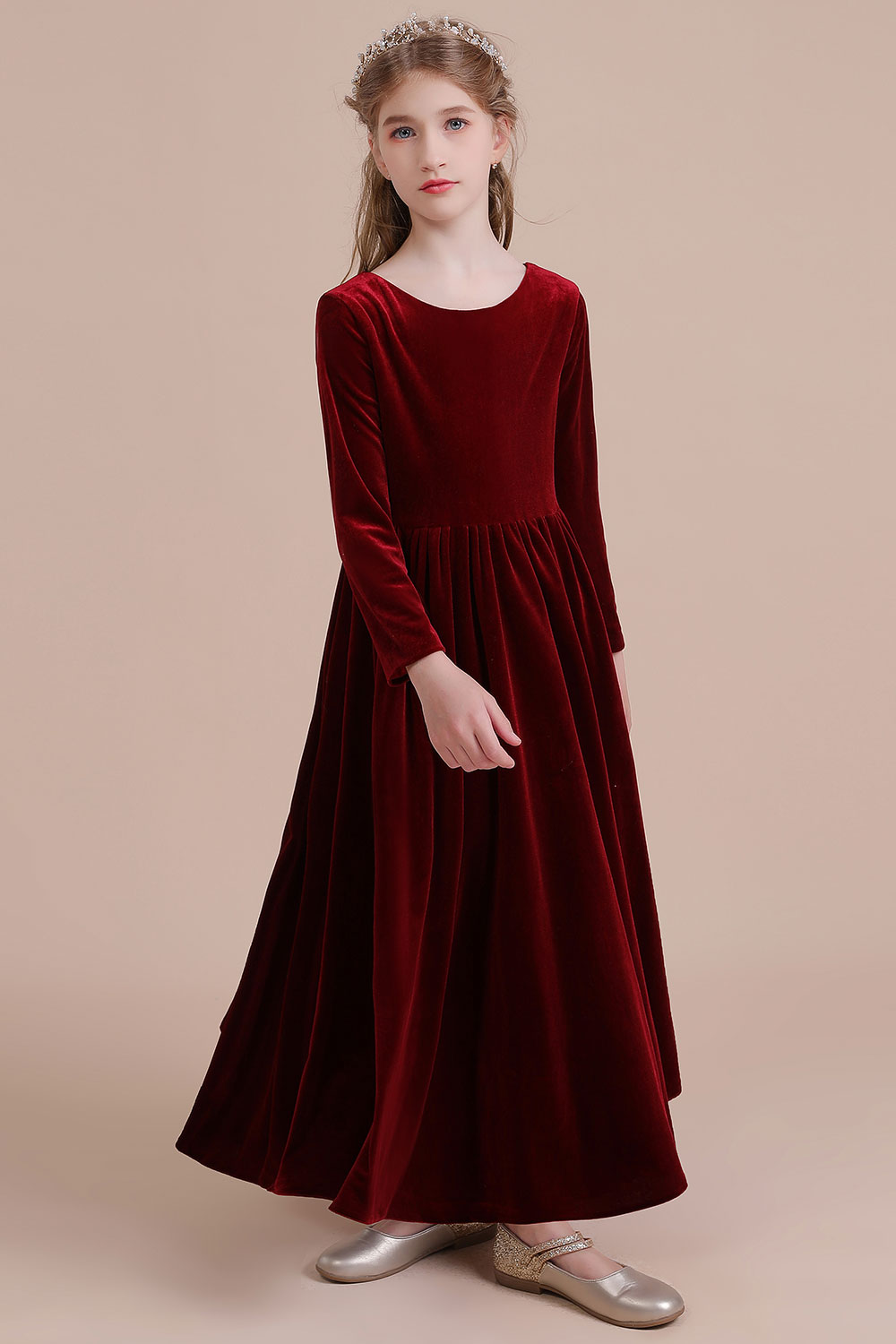 A-line Jewel Neck Long Sleeves Ankle-length Velvet Flower Girl Dress 8