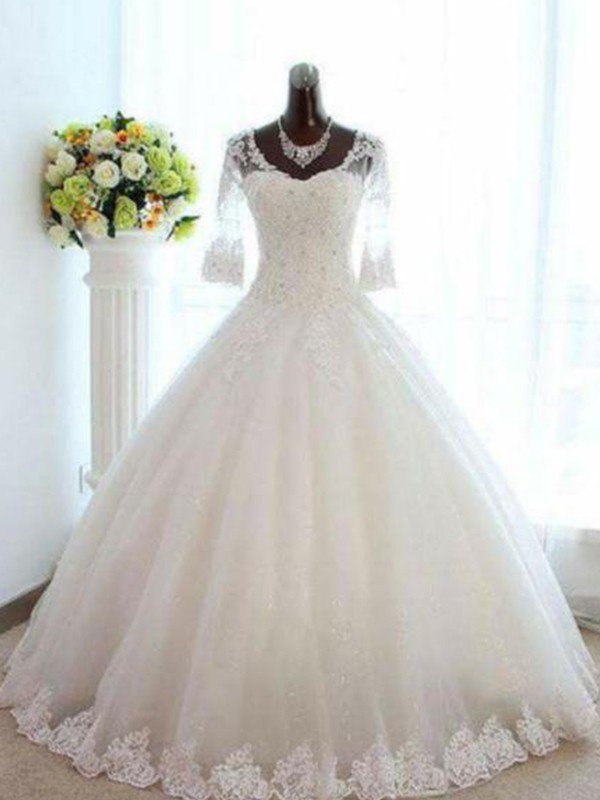 Ball Gown V-neck Bateau Neck 3/4-Length Sleeves Floor-length Tulle Wedding Dress With Beading 1